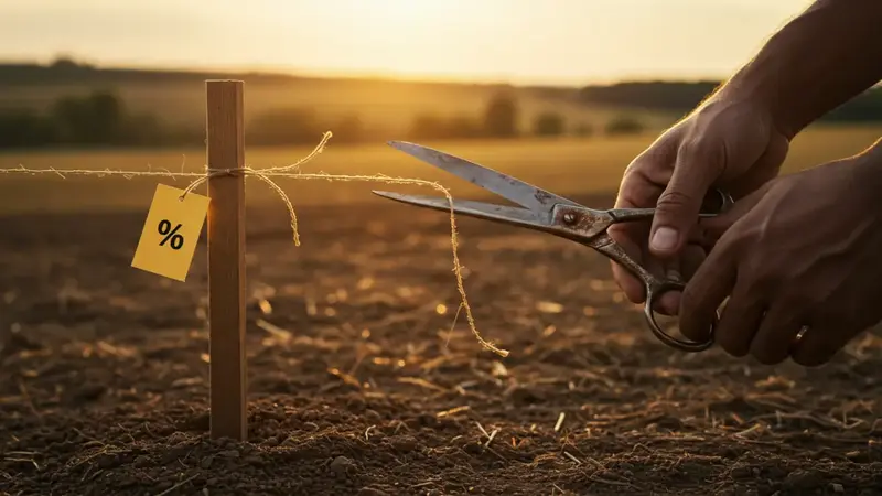 Hands cutting golden % thread on a For Sale sign in soil, symbolizing how to sell land without a realtor.
