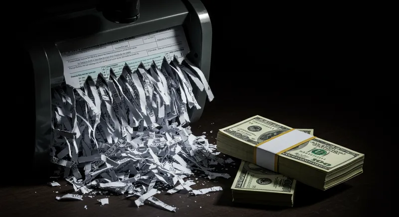 A shredder is shown actively shredding paper, with shredded paper accumulated next to it. Next to the shredder are stacks of hundred-dollar bills.