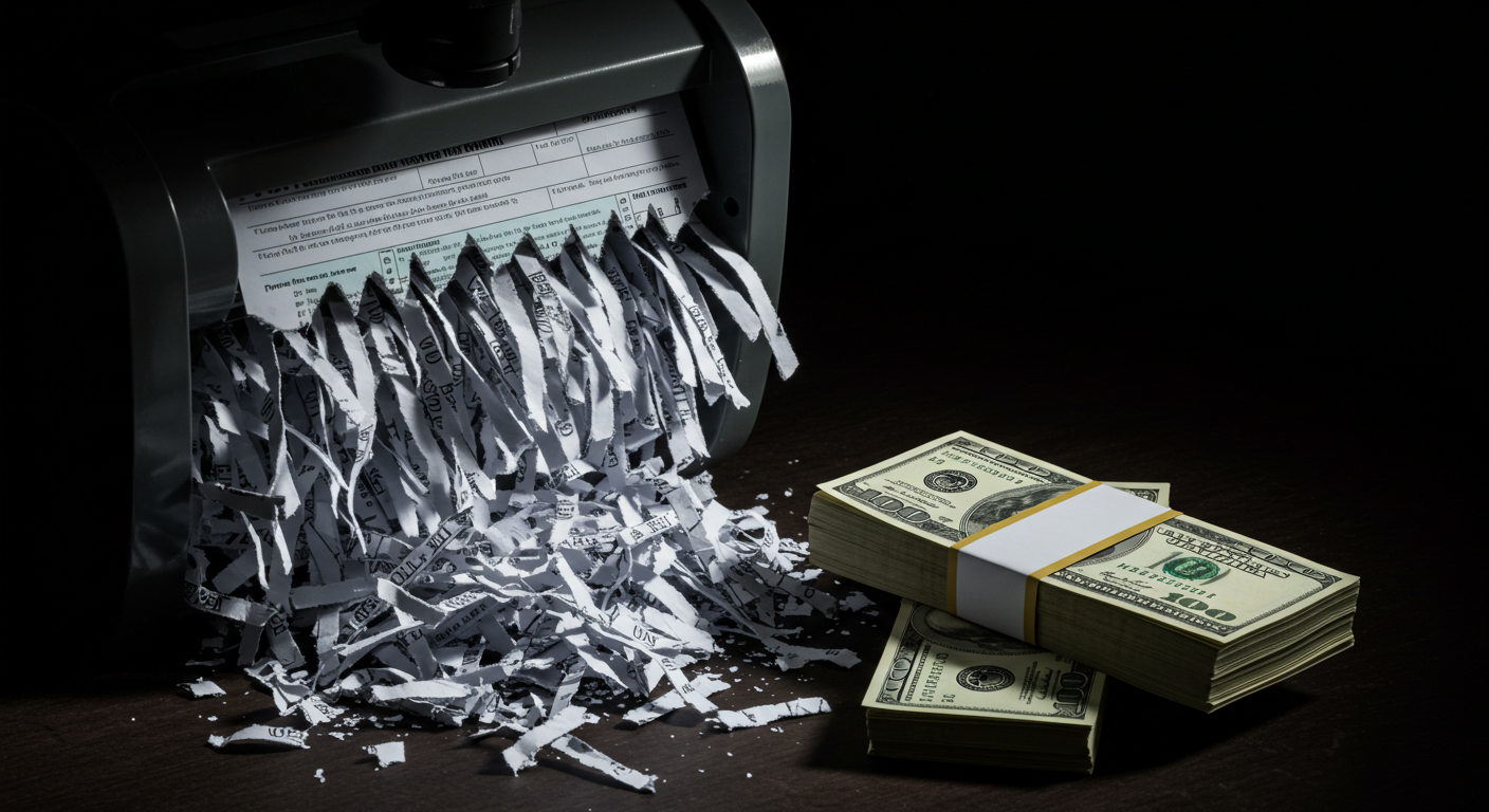 A shredder is shown actively shredding paper, with shredded paper accumulated next to it. Next to the shredder are stacks of hundred-dollar bills.