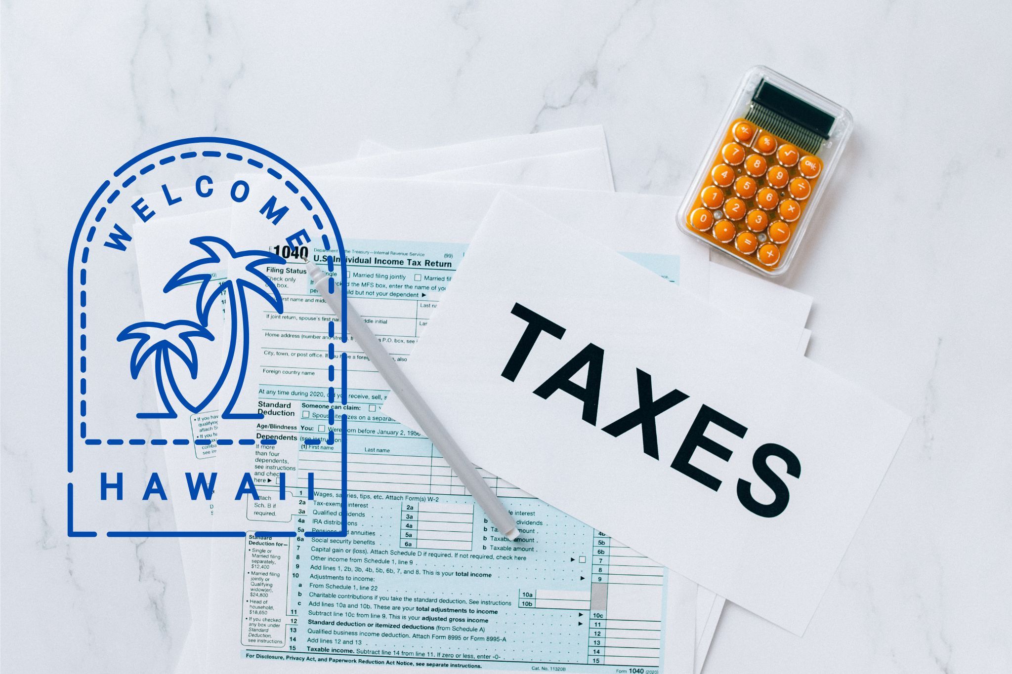 A capital gains calculator sits next to tax forms, a paper with the word 'TAXES', and an Hawaii state logo on a white marble surface.