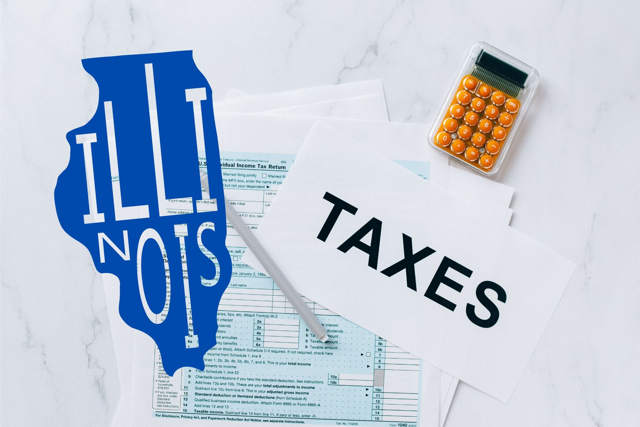 A capital gains calculator sits next to tax forms, a paper with the word 'TAXES', and an Illinois state logo on a white marble surface.