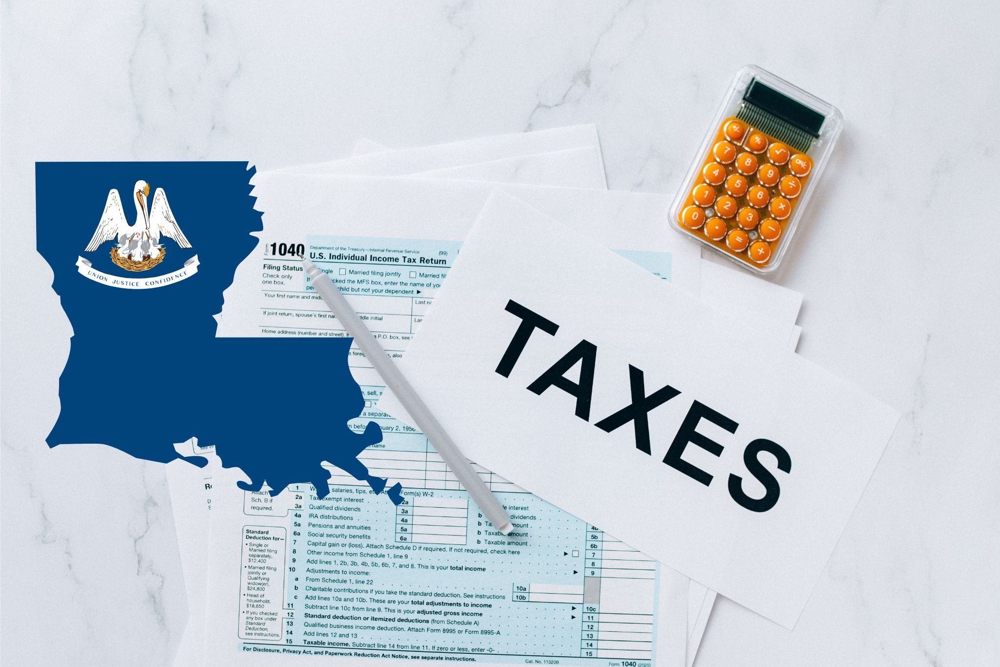 A capital gains calculator sits next to tax forms, a paper with the word 'TAXES', and an Louisiana state logo on a white marble surface.