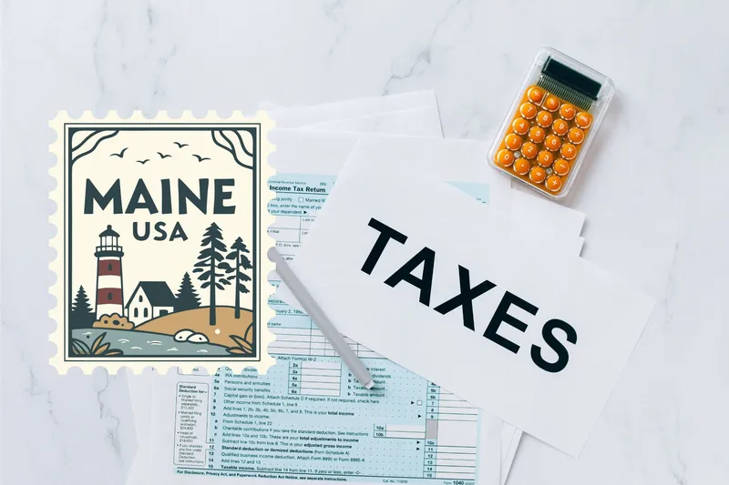 A capital gains calculator sits next to tax forms, a paper with the word 'TAXES', and an Maine state logo on a white marble surface.