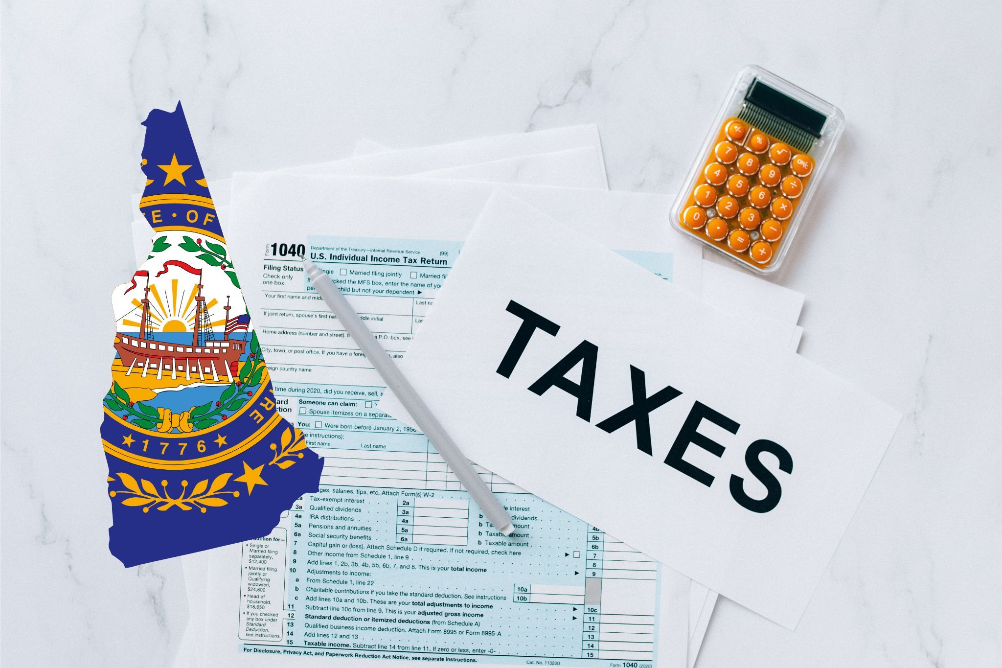 A capital gains calculator sits next to tax forms, a paper with the word 'TAXES', and an New Hampshire state logo on a white marble surface.