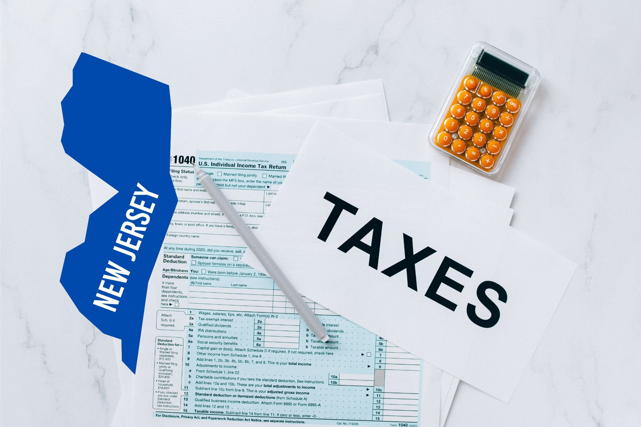 A capital gains calculator sits next to tax forms, a paper with the word 'TAXES', and an New Jersey state logo on a white marble surface.