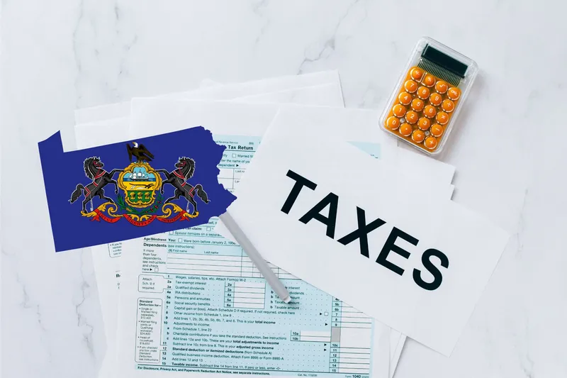 A capital gains calculator sits next to tax forms, a paper with the word 'TAXES', and an Pennsylvania state logo on a white marble surface.