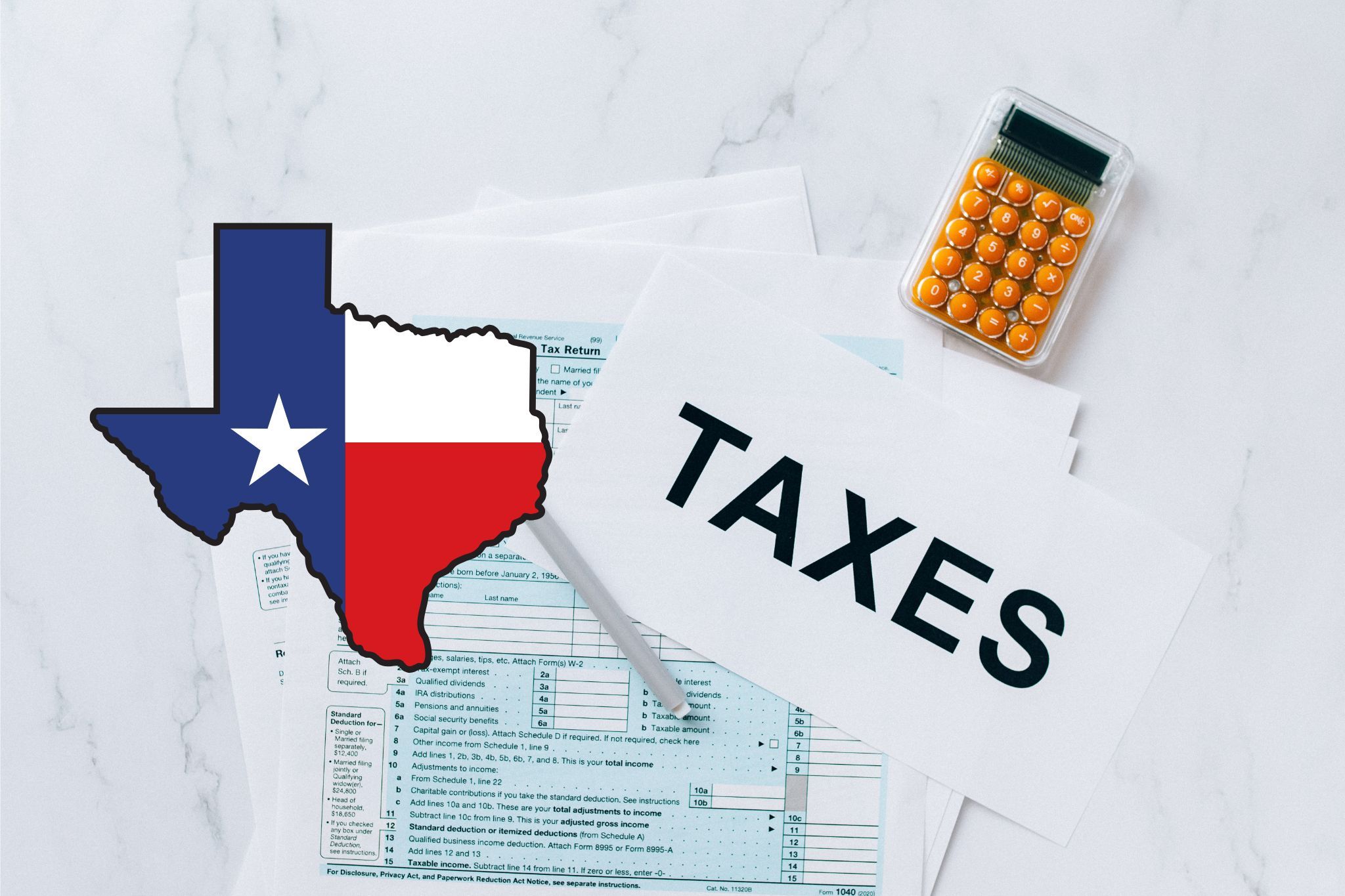 A capital gains calculator sits next to tax forms, a paper with the word 'TAXES', and an Texas state logo on a white marble surface.