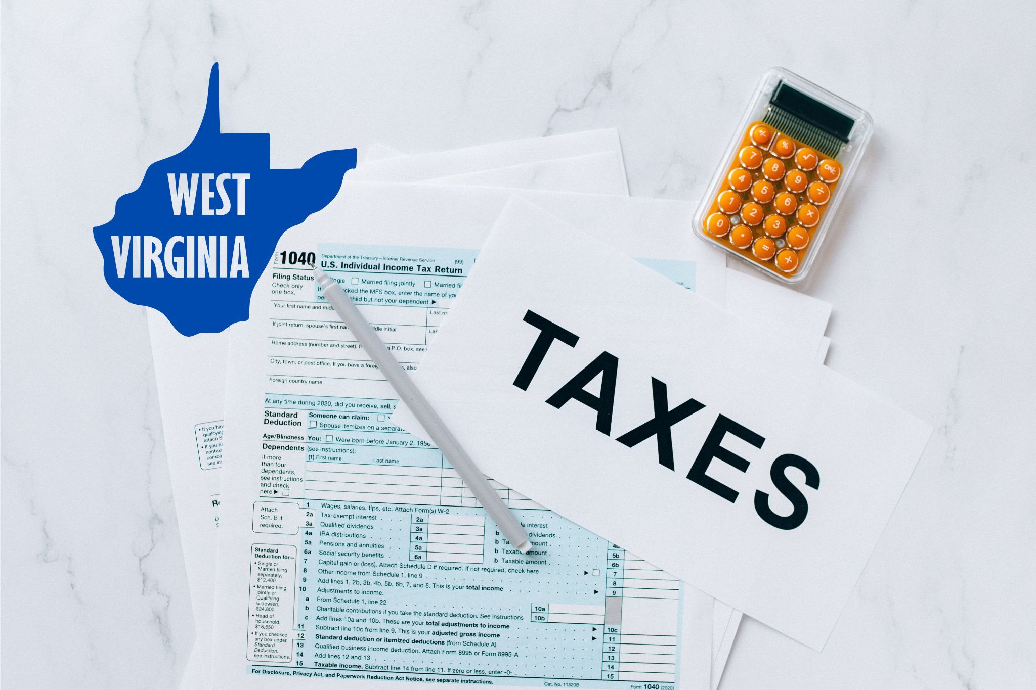A capital gains calculator sits next to tax forms, a paper with the word 'TAXES', and an West Virginia state logo on a white marble surface.