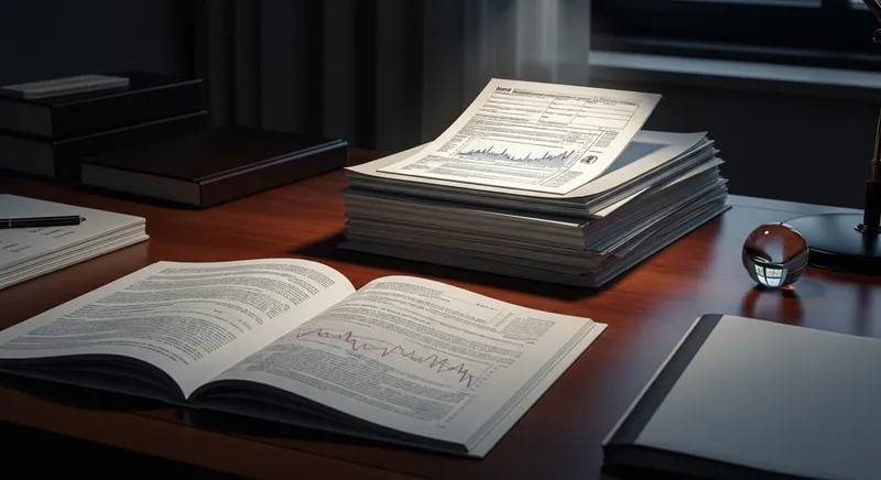 An elegantly organized desk with a stack of legal documents and tax forms, illuminated by a focused light.