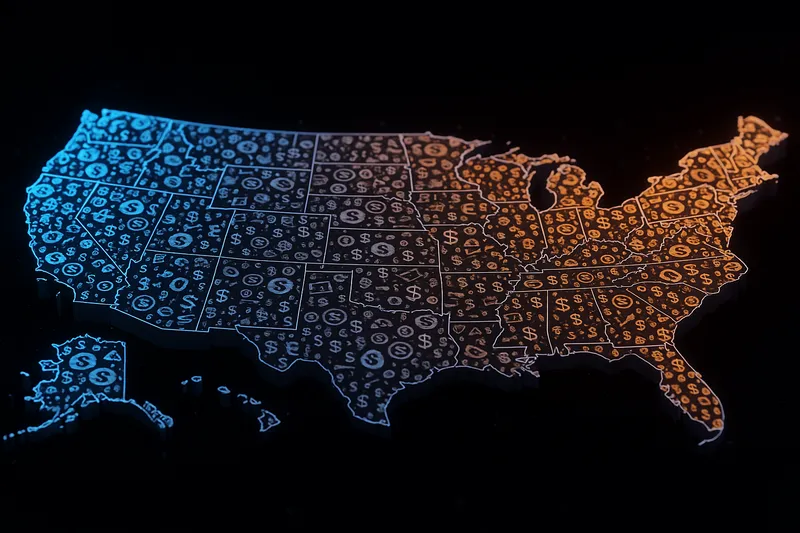 A glowing, stylized 3D map of the contiguous United States, with a gradient from blue on the left to orange on the right.
