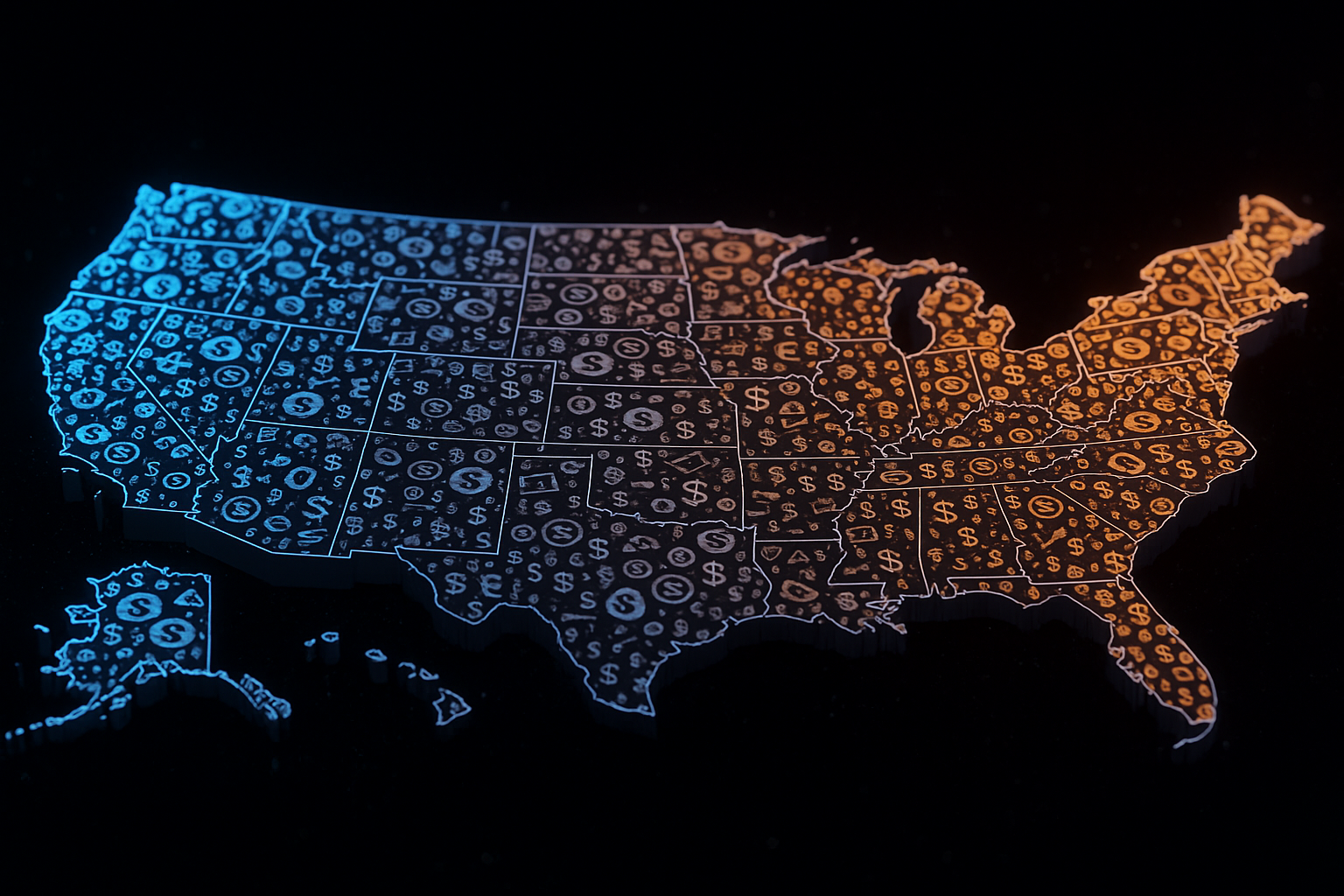 A glowing, stylized 3D map of the contiguous United States, with a gradient from blue on the left to orange on the right.