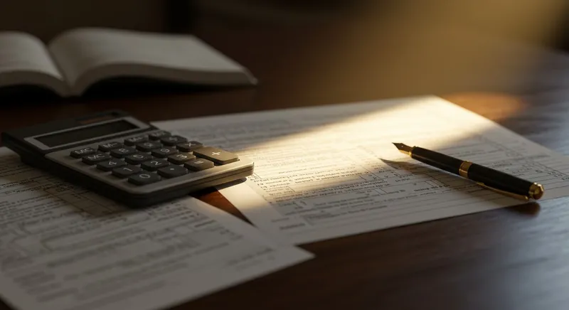 A detailed, high-angle view of financial documents and a calculator on a polished dark wood desk.