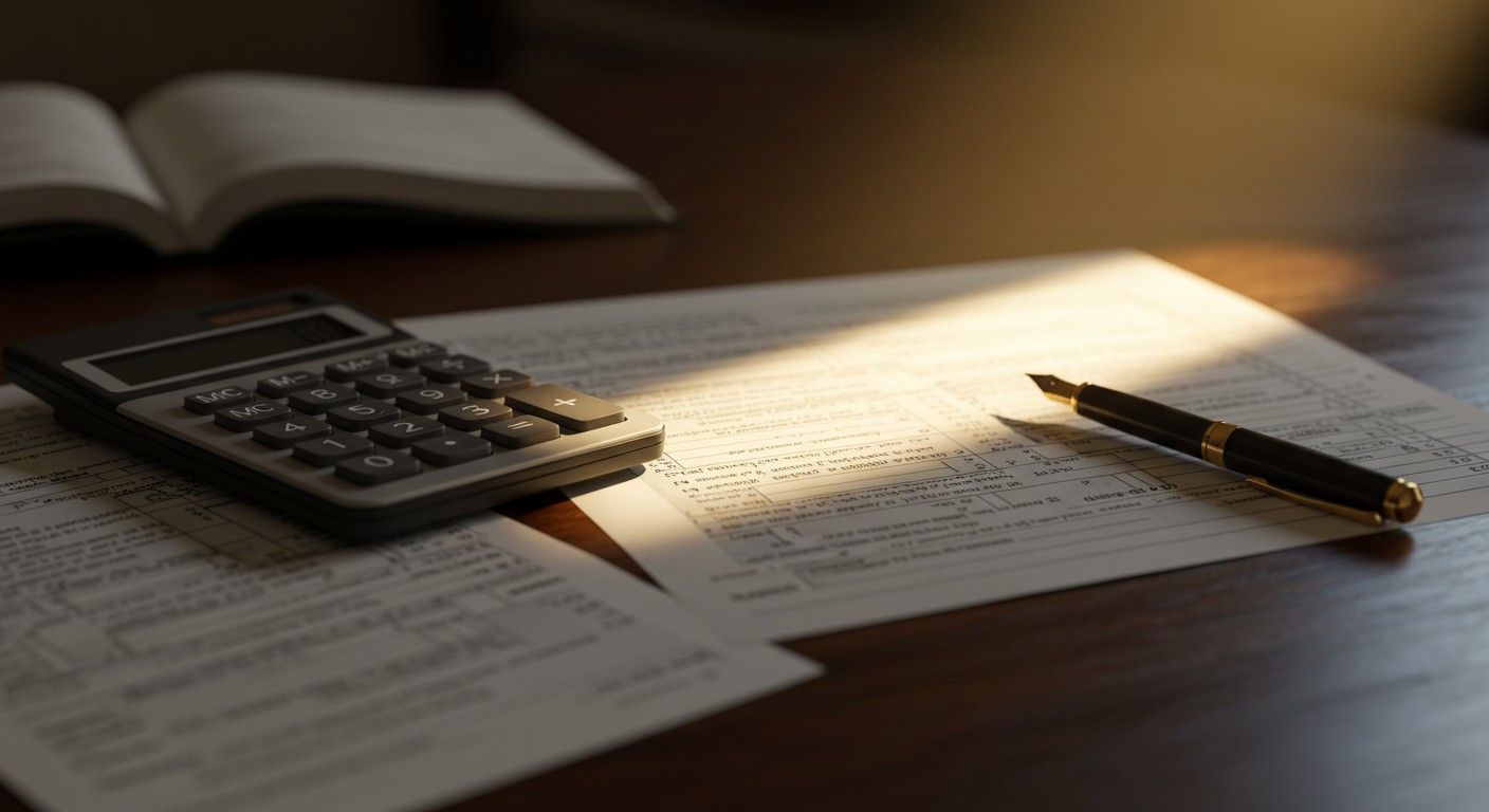 A detailed, high-angle view of financial documents and a calculator on a polished dark wood desk.