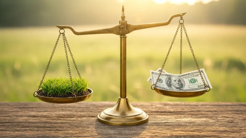 alance scales comparing the weight of a square of land against a stack of cash, symbolizing a fair cash offer for land
