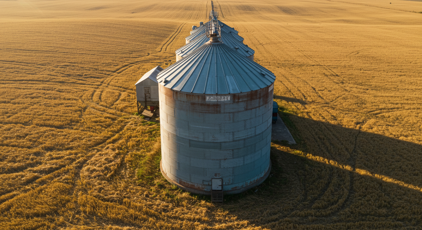 Grain bins on farmland showing agricultural infrastructure