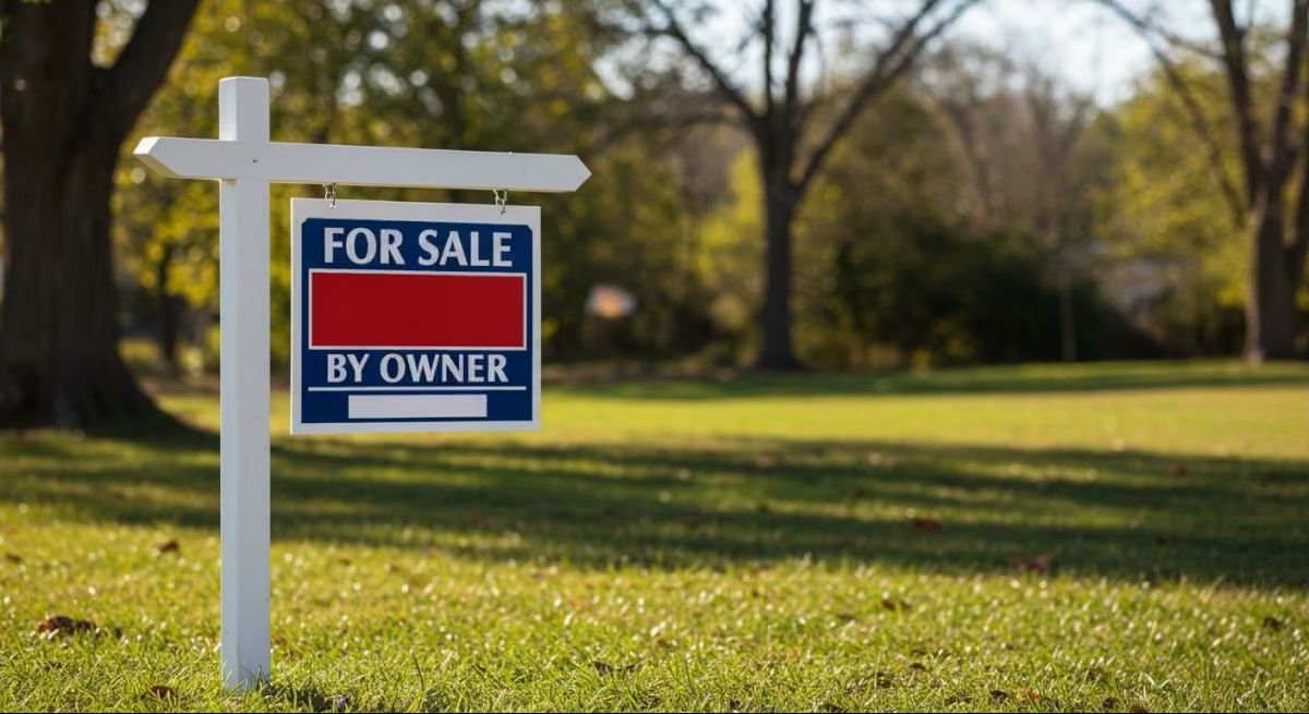 For Sale By Owner sign on white post in grassy lawn.