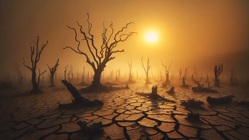 Dead trees in a barren landscape evoking unwanted land