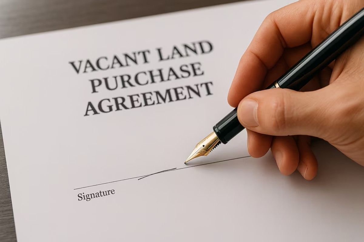 Hand signing a Vacant Land Purchase Agreement with a fountain pen.