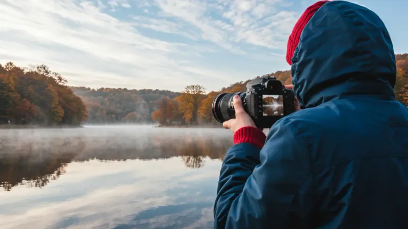 Hand holding camera to take picture of vacant land