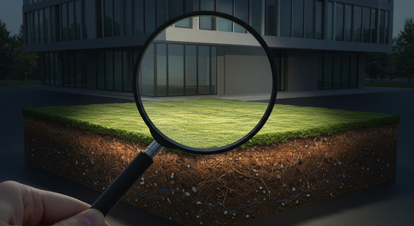 Magnifying lens focused on cross-section of a building and the land underneath.