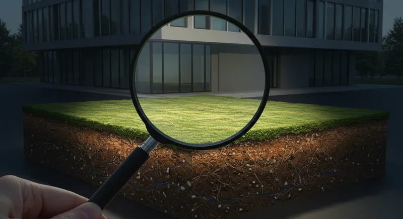 Magnifying lens focused on cross-section of a building and the land underneath.