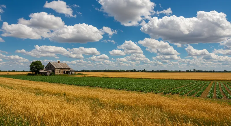 Idyllic farm and farmhouse under blue sky