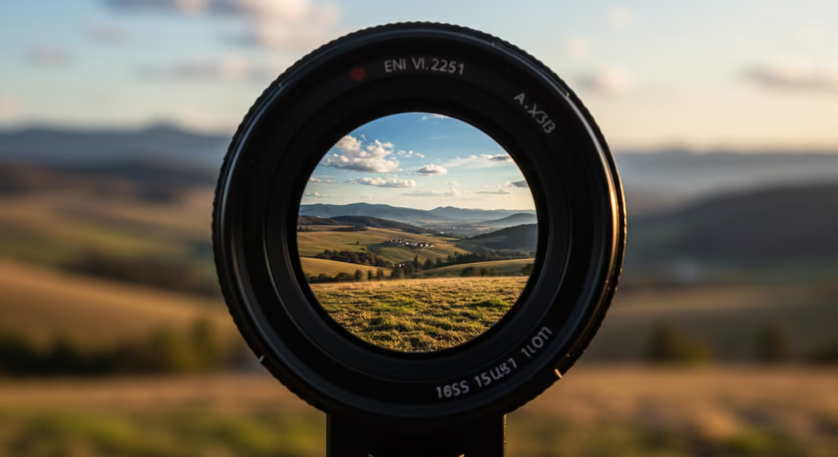 View through a camera lens focusing on rolling green hills and a distant village under a blue sky.