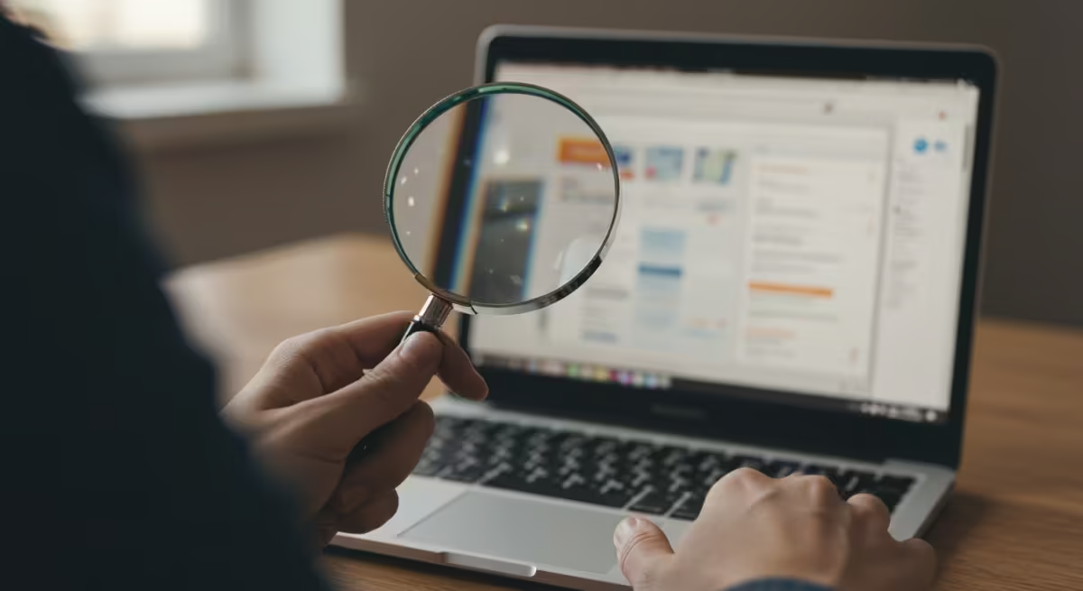 Hand holding a magnifying glass over a laptop screen displaying a website.