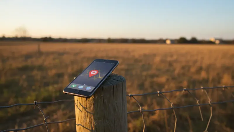 A smartphone rests casually on a rustic wooden fence post bordering a piece of vacant land.