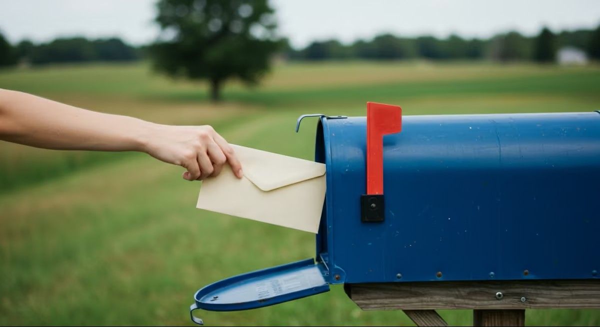 Person's hand inserting an envelope into a blue mailbox with the red flag up.