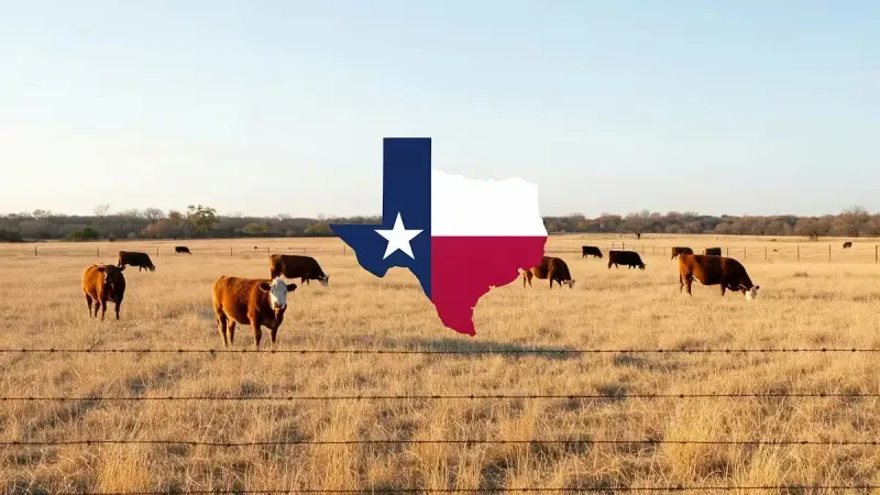 Texas landscape with cattle grazing in a pasture. The Texas state flag is prominently displayed.