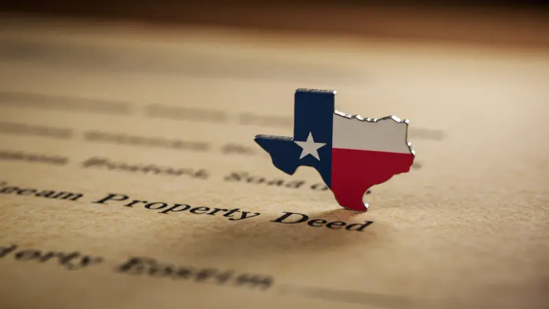 Close-up of an aged 'Property Deed' with a Texas state-shaped icon, symbolizing documentation for selling inherited land.