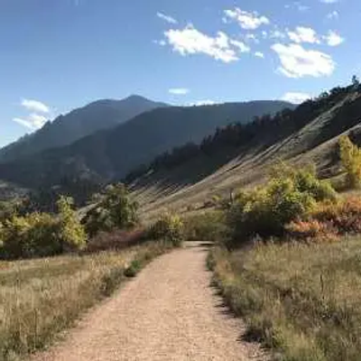 A dirt trail winds through grassy fields and gently rolling Colorado hills, with trees scattered along the path and a mountain rising in the background under a partly cloudy sky.
