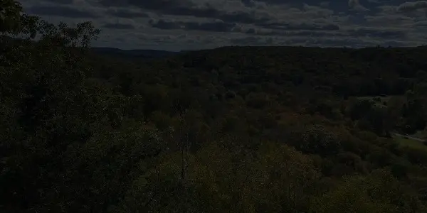 A dense Connecticut forest landscape with rolling hills under a partly cloudy sky, viewed from an elevated vantage point.