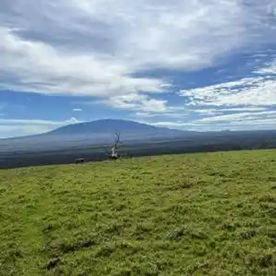 A grassy plain stretches into the distance with a tall mountain under a partly cloudy Hawaii sky. A single tree stands on the open field.