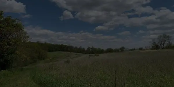 A grassy field stretches beneath a sky filled with scattered clouds. Trees line the horizon, and a few trees are visible in the background, evoking the peaceful, rural landscapes of Pennsylvania.