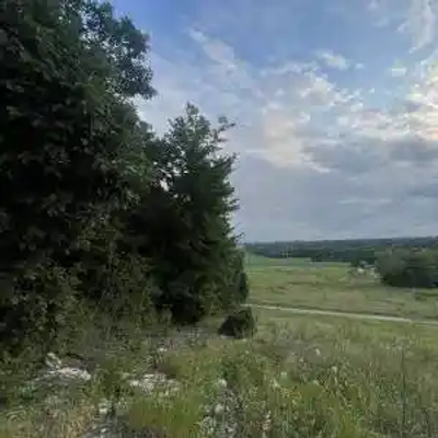 A dimly lit Kansas landscape with grassy fields, scattered trees, and a dirt road under a cloudy sky, suggesting early evening or dusk.