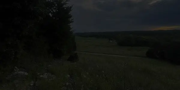 A dimly lit Kansas landscape with grassy fields, scattered trees, and a dirt road under a cloudy sky, suggesting early evening or dusk.