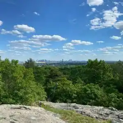 View from a rocky ledge overlooking a dense Massachusetts forest, with a distant city skyline under a sky dotted with clouds.