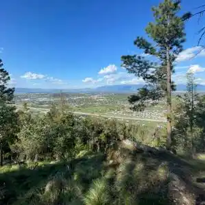 View from a forested hillside in Montana overlooking a highway and a sprawling city, with distant mountains beneath a partly cloudy blue sky.
