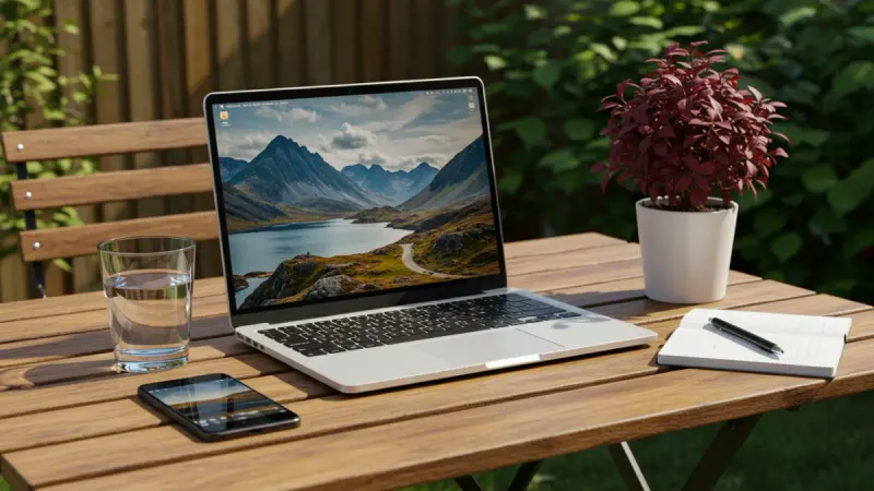 Laptop displaying mountain landscape on table with water, phone, notepad and plant