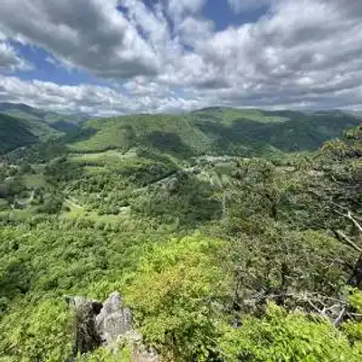 A lush green forest stretches across rolling hills under a partly cloudy sky in West Virginia, with a rocky outcrop visible in the foreground and layers of trees and valleys filling the scenic landscape.