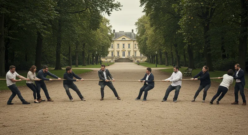 Several people in a tug of war symbolizing inherited property with multiple owners