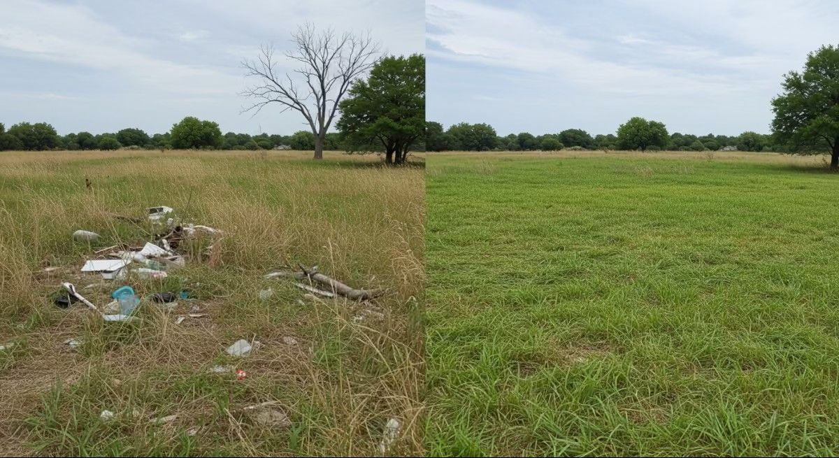 Split-screen image comparing a field before and after cleanup: left side shows tall grass and dumped trash, right side shows the same field clean and freshly mowed.